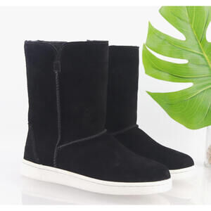 Bearpaw Womens Delaney Boots Size 8 Black Suede Sherpa Wool Lining Flat Booties